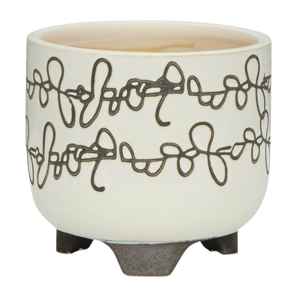 Garden Footed Planter Set of 2, Black Scribble Pattern, Beige Ceramic - BM349799