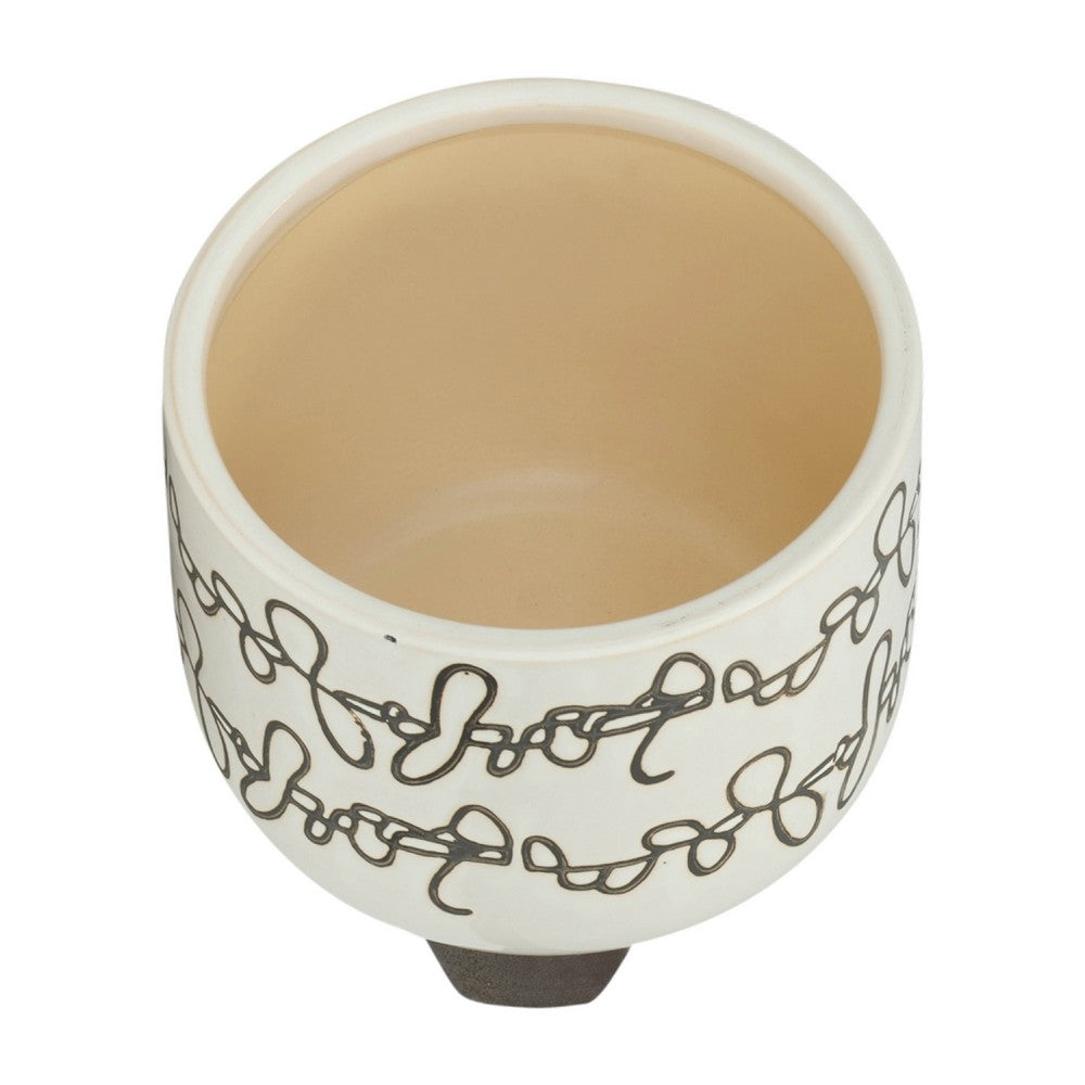 Garden Footed Planter Set of 2, Black Scribble Pattern, Beige Ceramic - BM349799