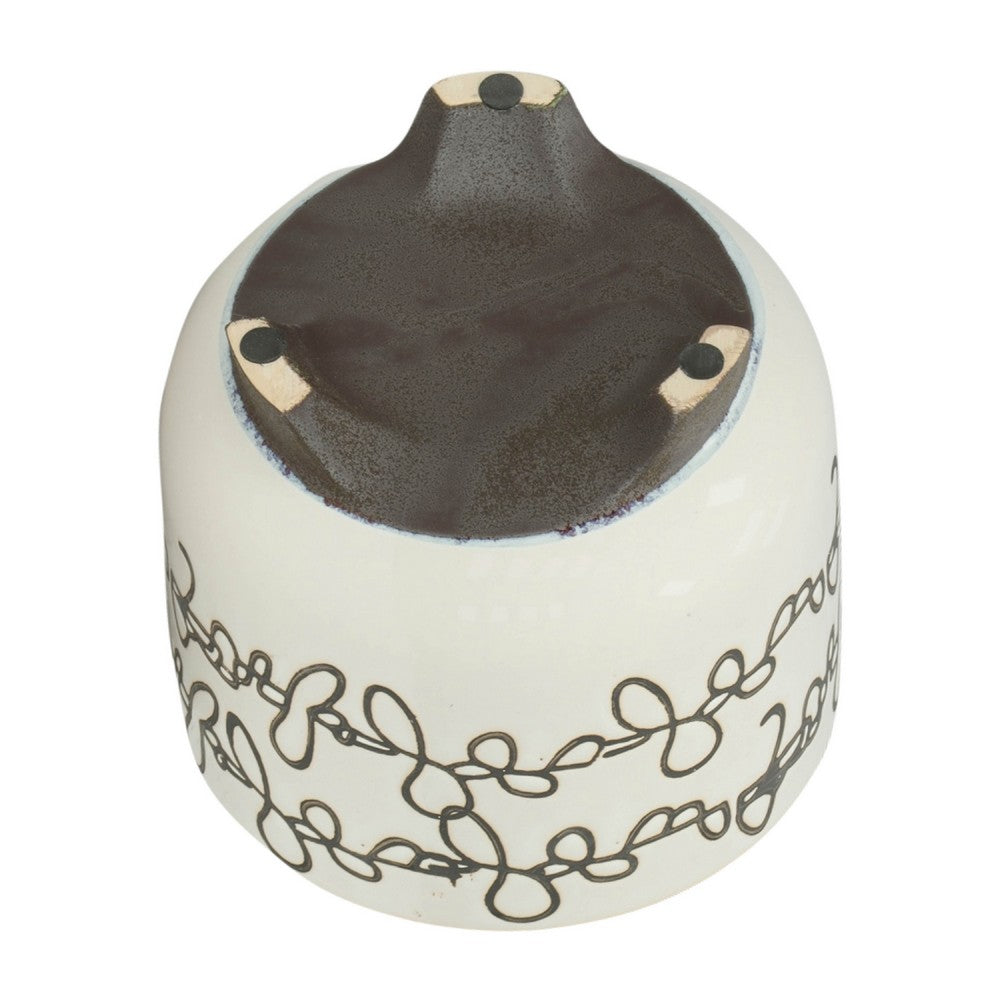 Garden Footed Planter Set of 2, Black Scribble Pattern, Beige Ceramic - BM349799