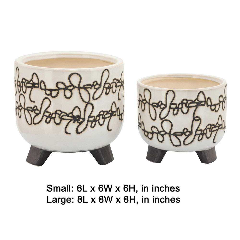 Garden Footed Planter Set of 2, Black Scribble Pattern, Beige Ceramic - BM349799