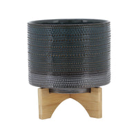 Indoor Planter with Wood Stand, Slate Gray Dotted Ceramic, 10 Inch - BM349800