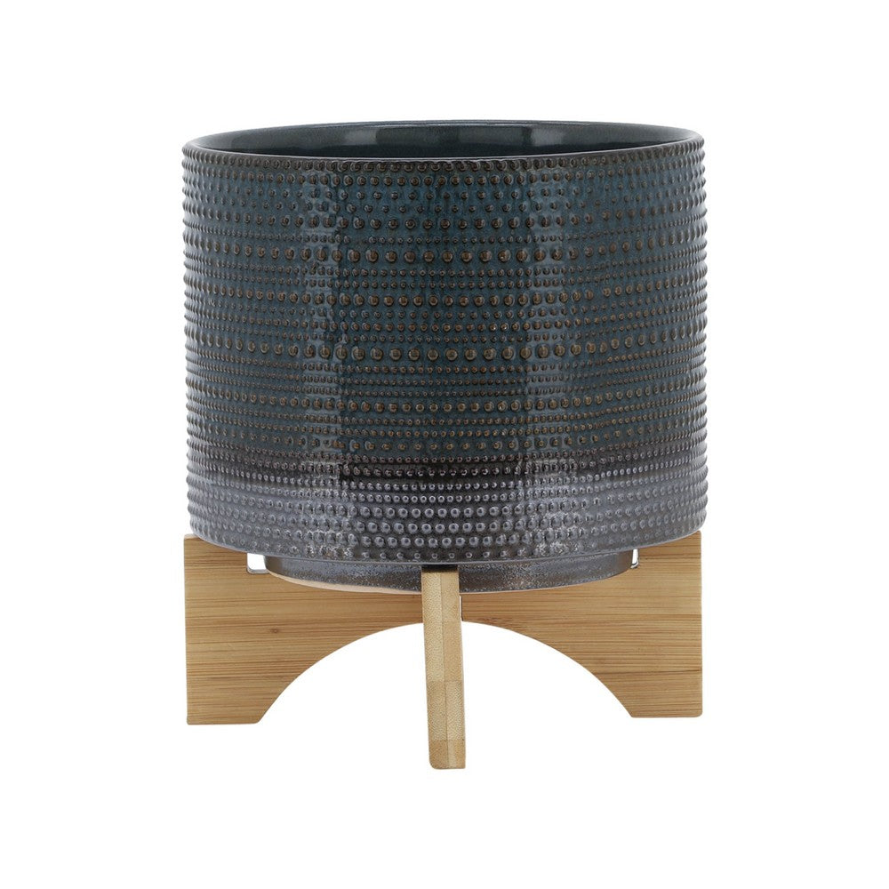 Indoor Planter with Wood Stand, Slate Gray Dotted Ceramic, 10 Inch - BM349800
