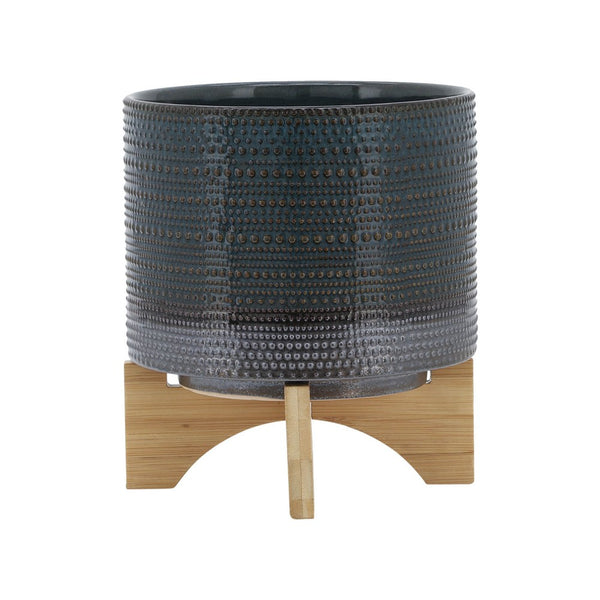 Indoor Planter with Wood Stand, Slate Gray Dotted Ceramic, 10 Inch - BM349800