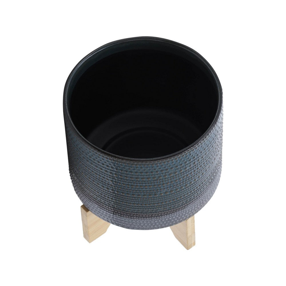 Indoor Planter with Wood Stand, Slate Gray Dotted Ceramic, 10 Inch - BM349800