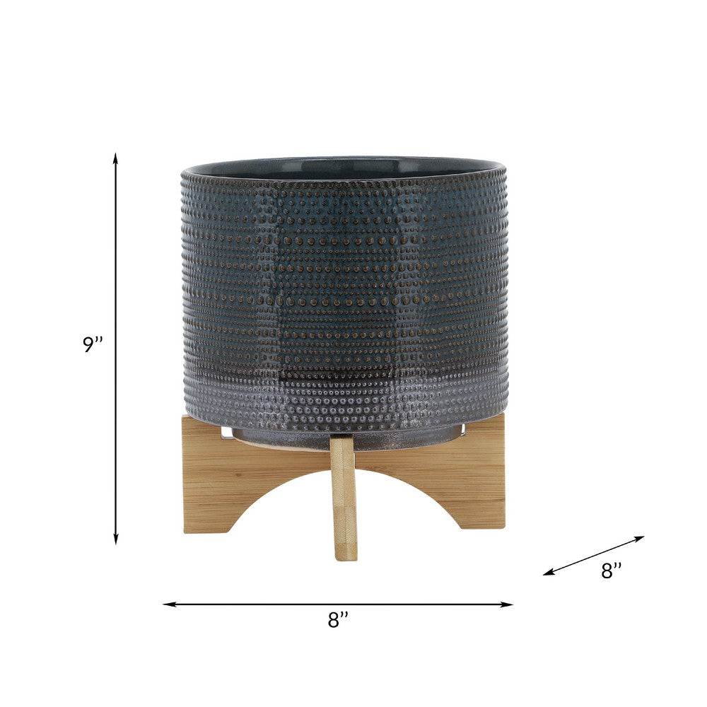 Indoor Planter with Wood Stand, Slate Gray Dotted Ceramic, 10 Inch - BM349800