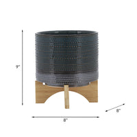 Indoor Planter with Wood Stand, Slate Gray Dotted Ceramic, 10 Inch - BM349800