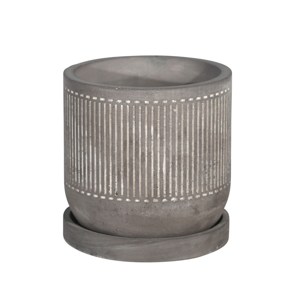 Indoor Planter with Saucer, White Line Pattern, 6 Inch Gray Cement - BM349801