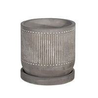 Indoor Planter with Saucer, White Line Pattern, 6 Inch Gray Cement - BM349801