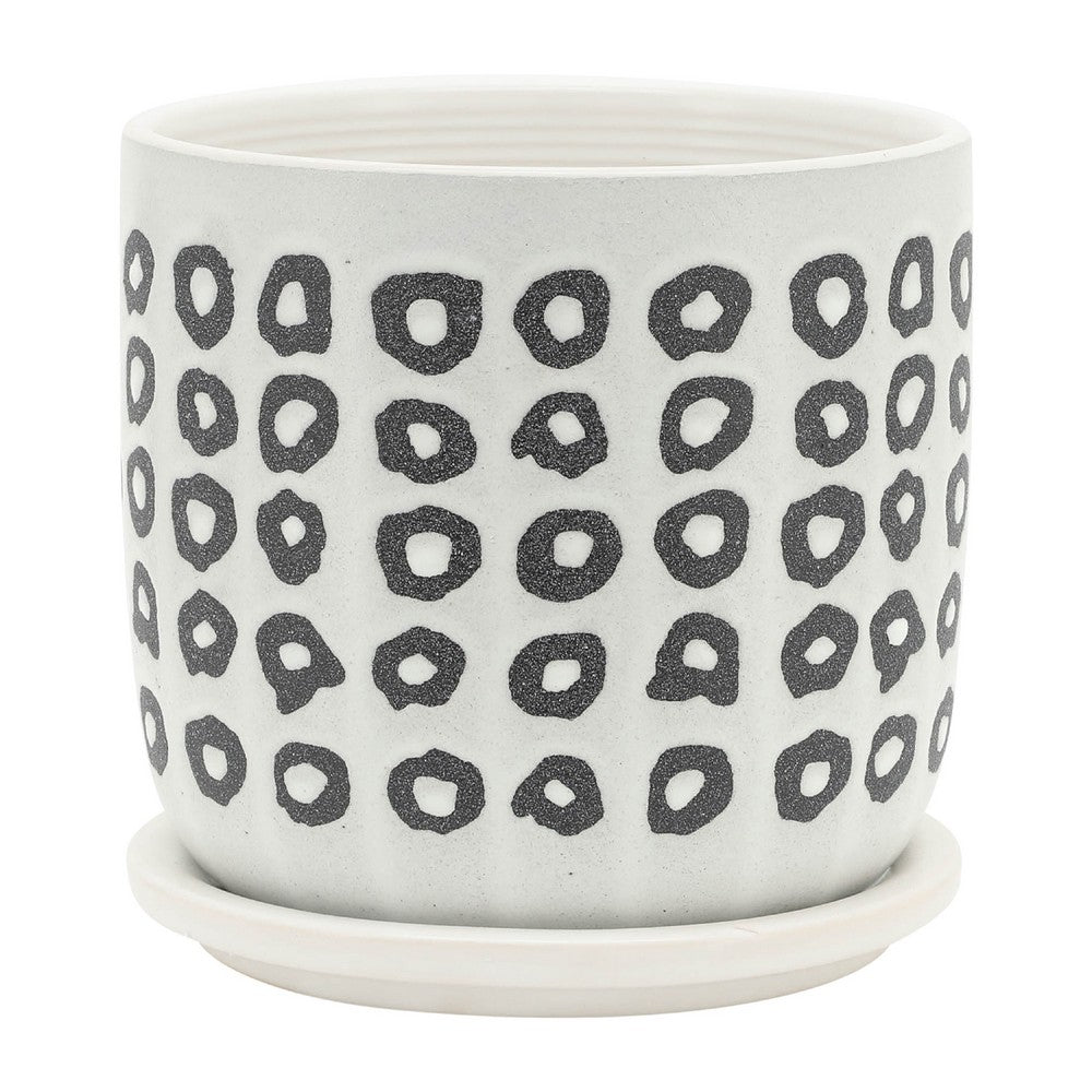 Indoor Planter with Saucer, White Line Pattern, 6 Inch Gray Cement - BM349801