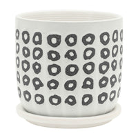 Indoor Planter with Saucer, White Line Pattern, 6 Inch Gray Cement - BM349801