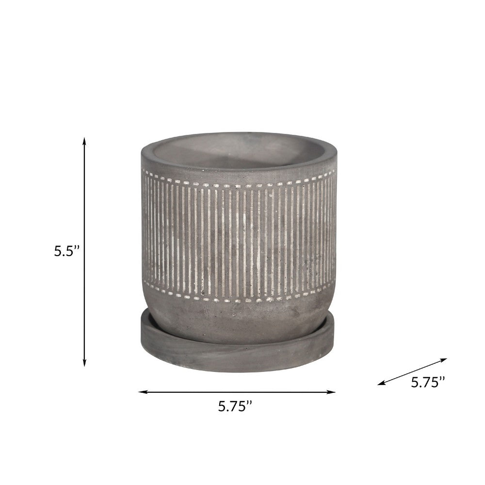 Indoor Planter with Saucer, White Line Pattern, 6 Inch Gray Cement - BM349801