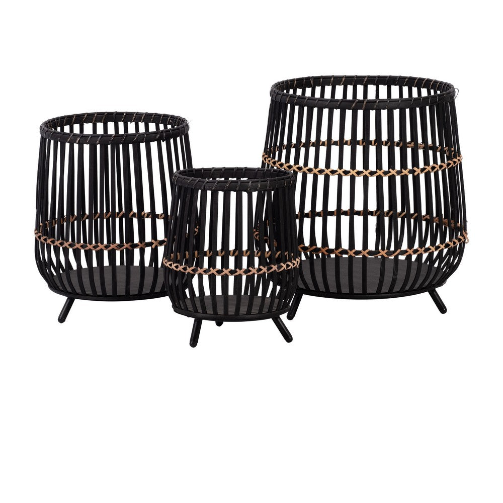 3pc Indoor Basket Planters with Metal Stands, Bohemian Black Bamboo - BM349802