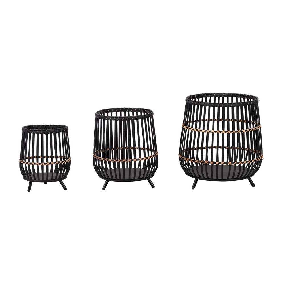 3pc Indoor Basket Planters with Metal Stands, Bohemian Black Bamboo - BM349802