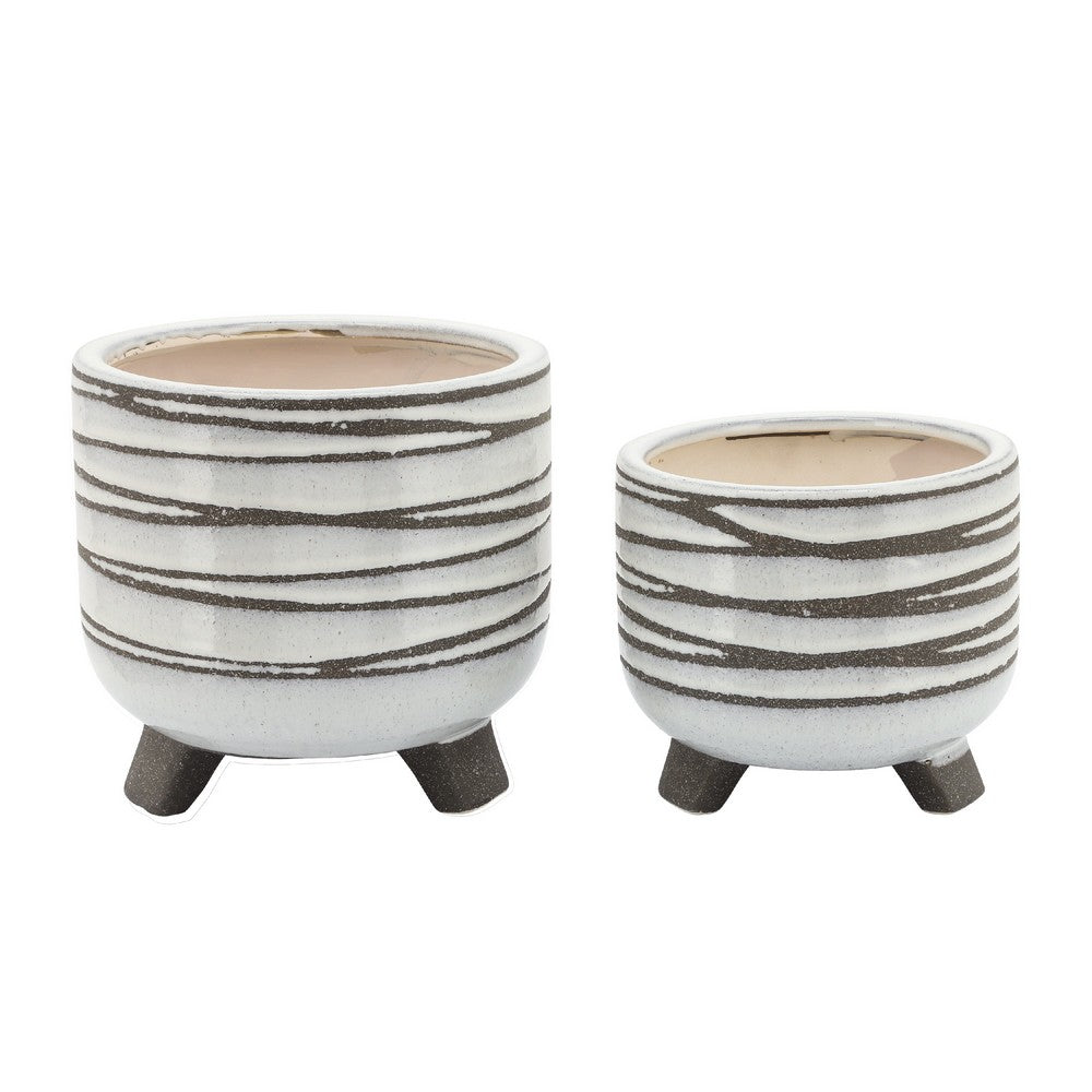 Indoor Planter Set of 2, Footed Base, Textured Line White Ceramic - BM349803