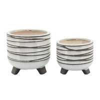 Indoor Planter Set of 2, Footed Base, Textured Line White Ceramic - BM349803