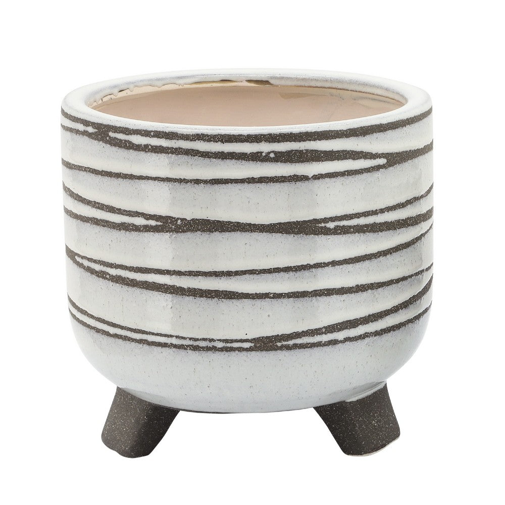 Indoor Planter Set of 2, Footed Base, Textured Line White Ceramic - BM349803