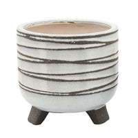 Indoor Planter Set of 2, Footed Base, Textured Line White Ceramic - BM349803