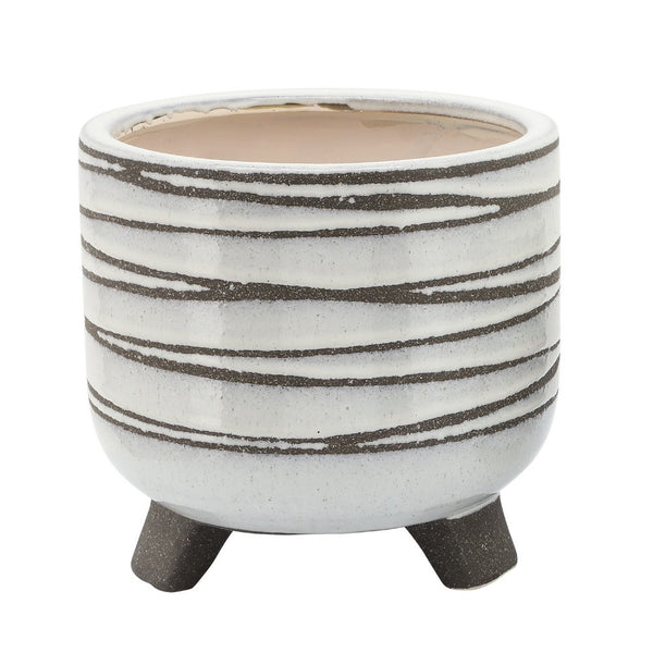 Indoor Planter Set of 2, Footed Base, Textured Line White Ceramic - BM349803