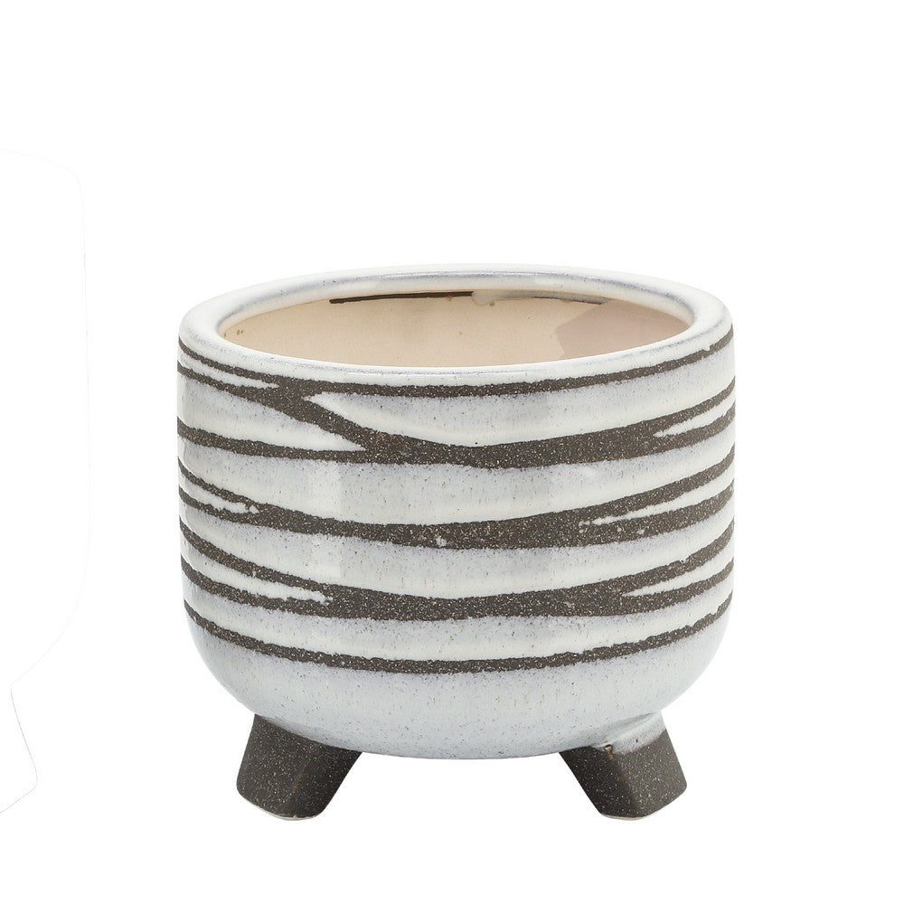 Indoor Planter Set of 2, Footed Base, Textured Line White Ceramic - BM349803