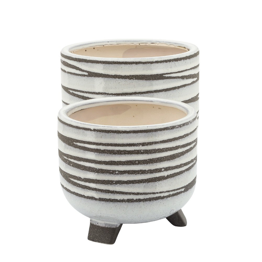 Indoor Planter Set of 2, Footed Base, Textured Line White Ceramic - BM349803