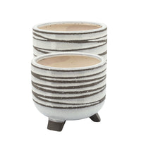 Indoor Planter Set of 2, Footed Base, Textured Line White Ceramic - BM349803