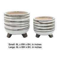 Indoor Planter Set of 2, Footed Base, Textured Line White Ceramic - BM349803
