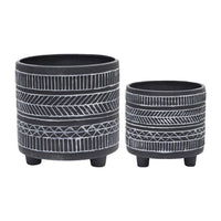 Indoor Planter Set of 2, Footed Base, Gray and White Tribal Art Print - BM349804
