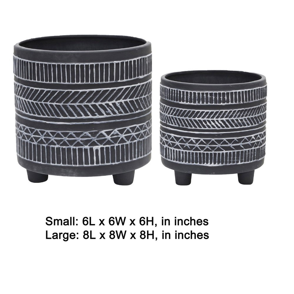 Indoor Planter Set of 2, Footed Base, Gray and White Tribal Art Print - BM349804