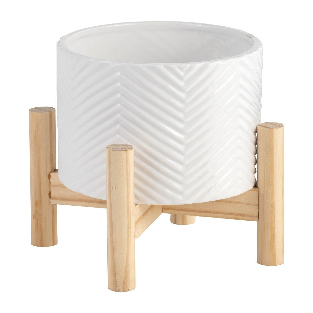 Indoor Garden Planter with Wood Stand, White Chevron Pattern 6 Inch - BM349805