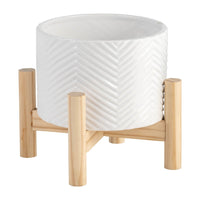 Indoor Garden Planter with Wood Stand, White Chevron Pattern 6 Inch - BM349805