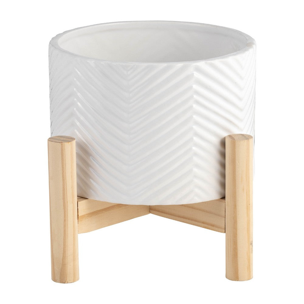 Indoor Garden Planter with Wood Stand, White Chevron Pattern 6 Inch - BM349805