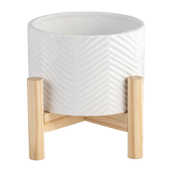 Indoor Garden Planter with Wood Stand, White Chevron Pattern 6 Inch - BM349805