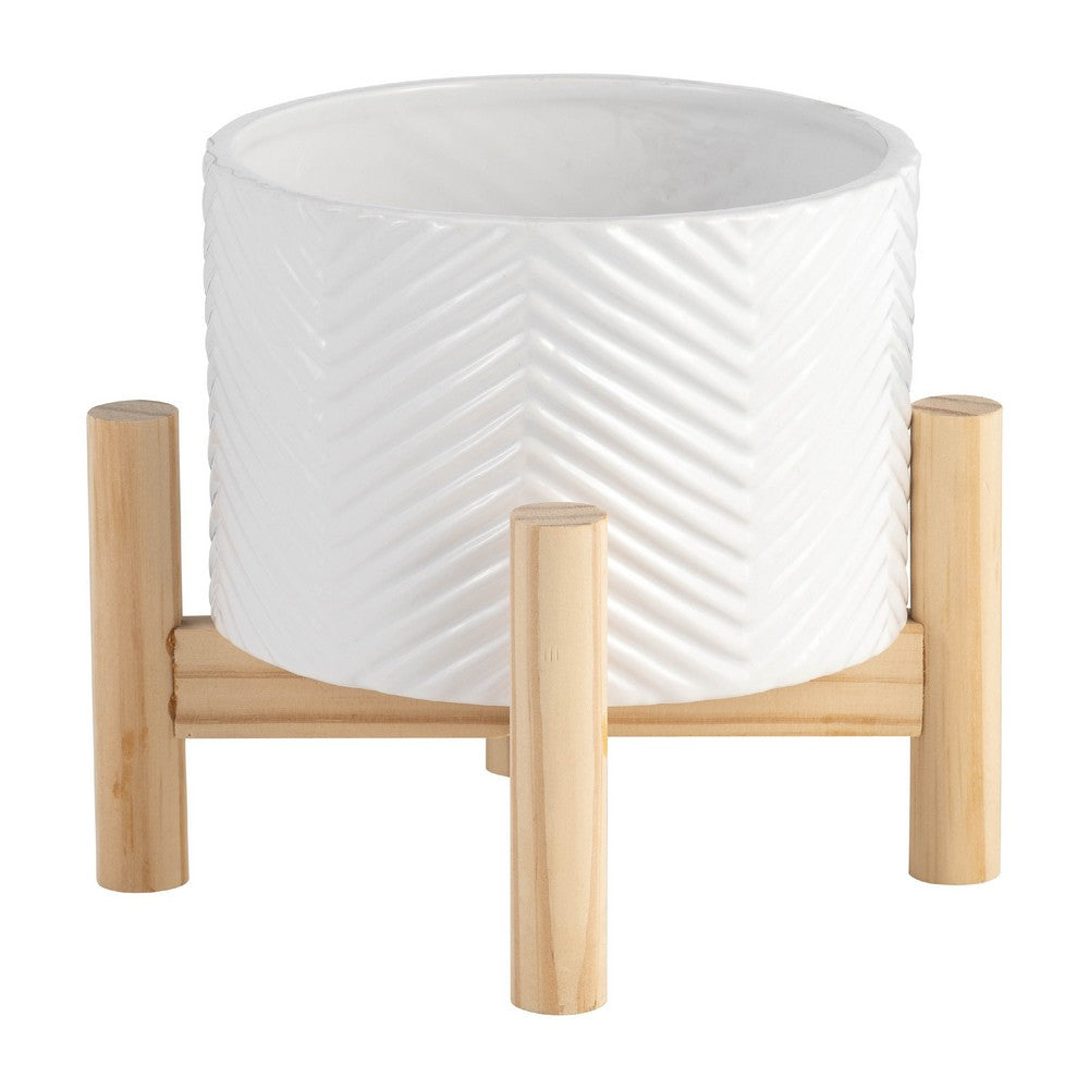 Indoor Garden Planter with Wood Stand, White Chevron Pattern 6 Inch - BM349805
