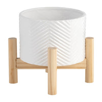 Indoor Garden Planter with Wood Stand, White Chevron Pattern 6 Inch - BM349805