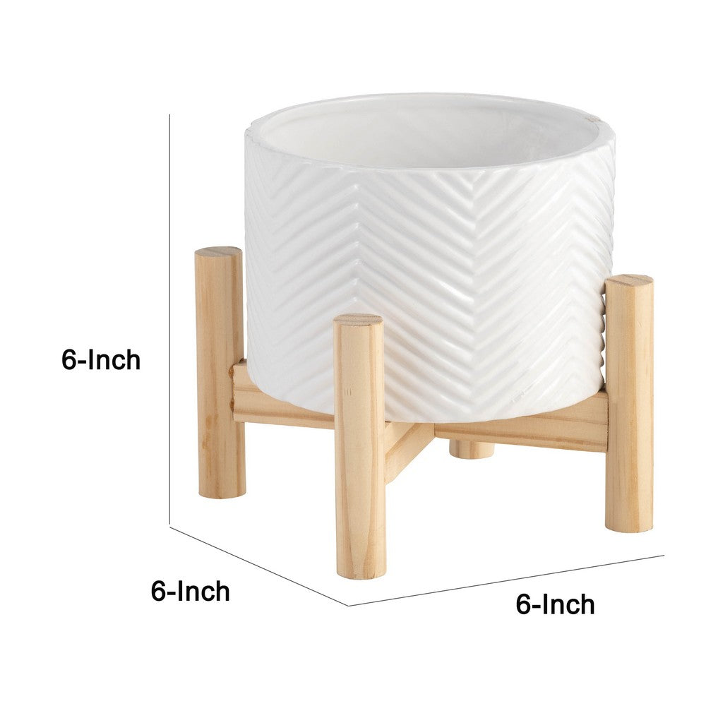 Indoor Garden Planter with Wood Stand, White Chevron Pattern 6 Inch - BM349805