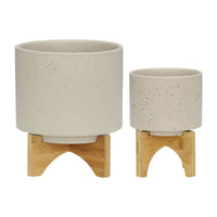 Outdoor Garden Planters Set of 2, Wood Stands, Speckled Beige, 9 Inch - BM349806