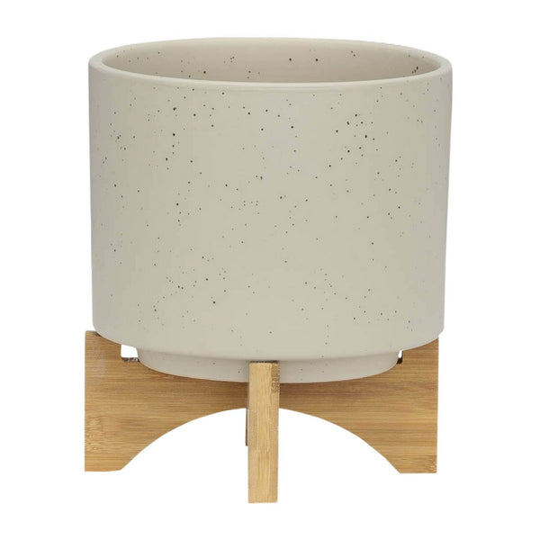 Outdoor Garden Planters Set of 2, Wood Stands, Speckled Beige, 9 Inch - BM349806
