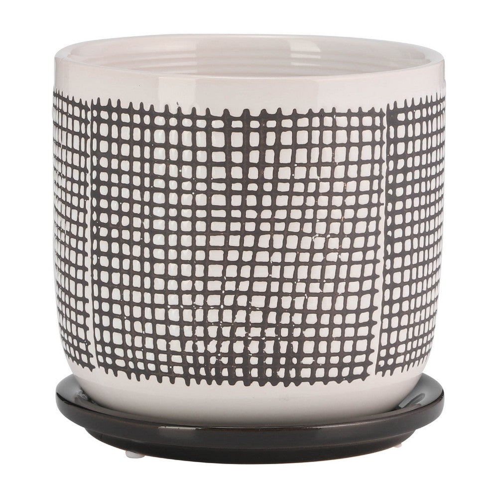 Indoor Mesh Planter with Saucer, 6 Inch White Gray Textured Ceramic - BM349807