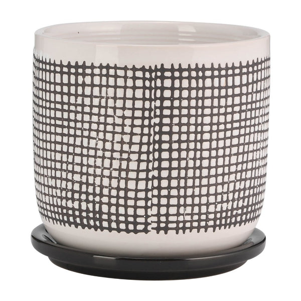 Indoor Mesh Planter with Saucer, 6 Inch White Gray Textured Ceramic - BM349807