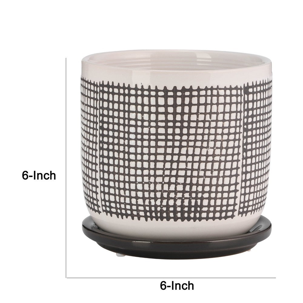 Indoor Mesh Planter with Saucer, 6 Inch White Gray Textured Ceramic - BM349807