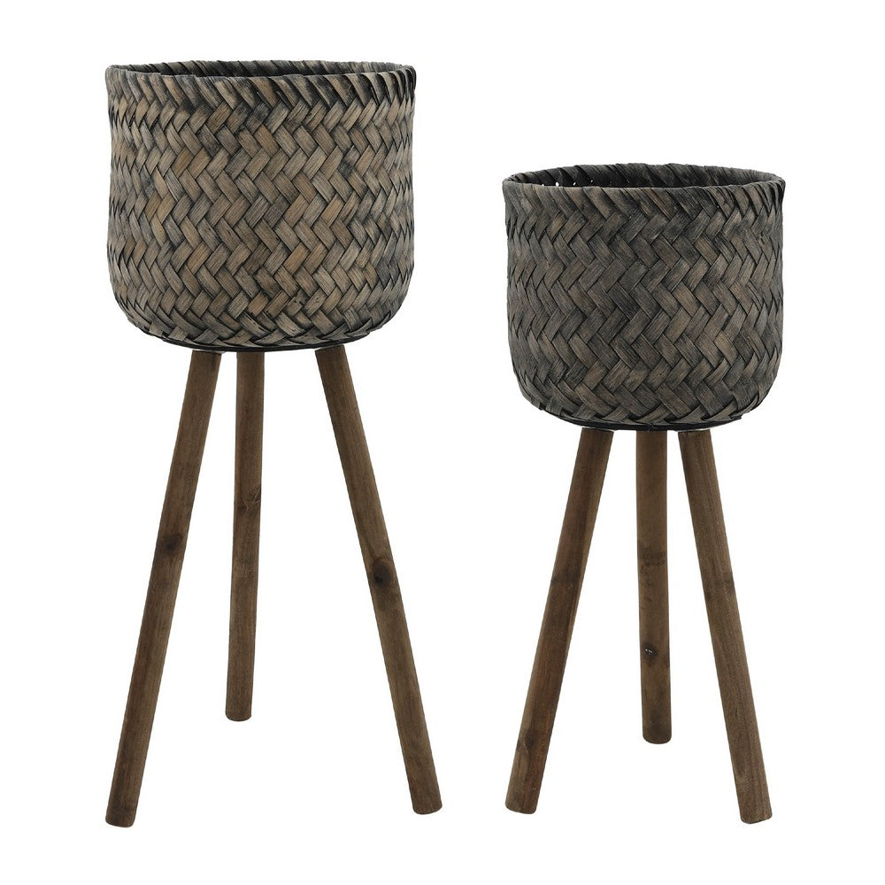 Set of 2 Flower Planters on Tripod Stands, Black and Brown Bamboo Weave - BM349808