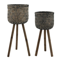 Set of 2 Flower Planters on Tripod Stands, Black and Brown Bamboo Weave - BM349808