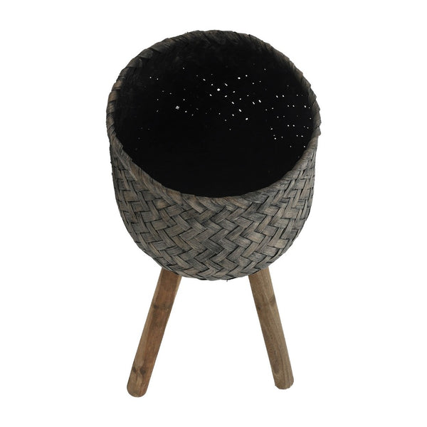 Set of 2 Flower Planters on Tripod Stands, Black and Brown Bamboo Weave - BM349808
