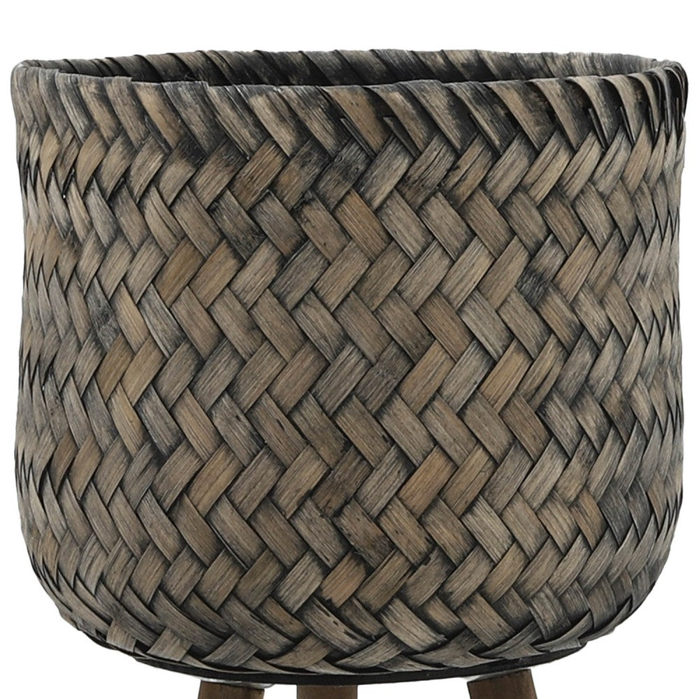 Set of 2 Flower Planters on Tripod Stands, Black and Brown Bamboo Weave - BM349808