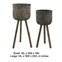 Set of 2 Flower Planters on Tripod Stands, Black and Brown Bamboo Weave - BM349808