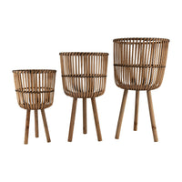 Set of 3 Flower Planters on Tripod Stands, Brown Bamboo Netting Weave - BM349809