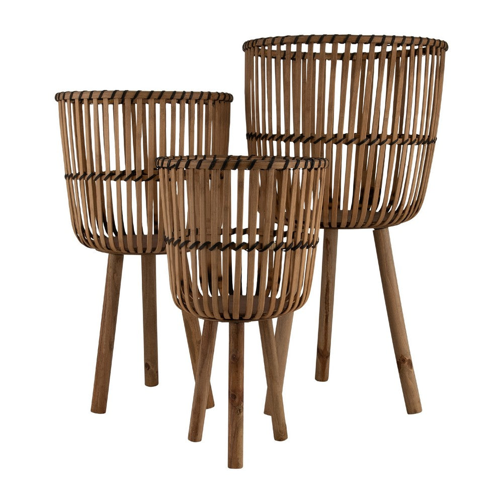 Set of 3 Flower Planters on Tripod Stands, Brown Bamboo Netting Weave - BM349809