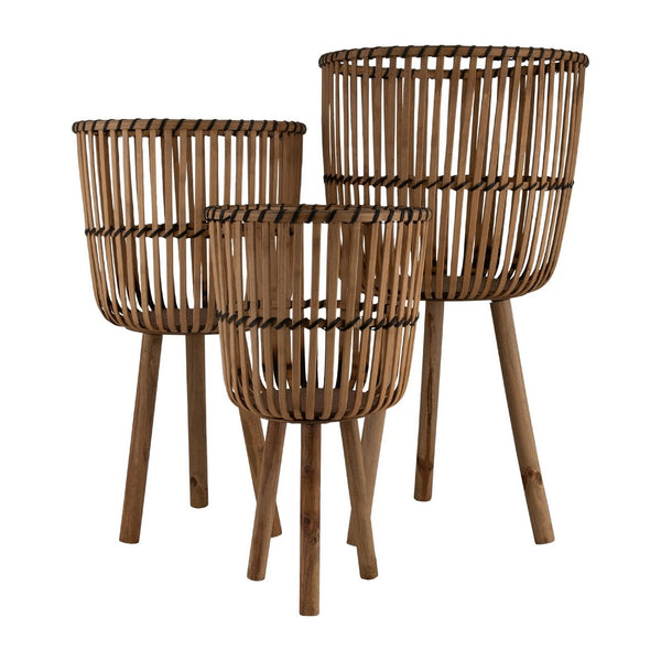 Set of 3 Flower Planters on Tripod Stands, Brown Bamboo Netting Weave - BM349809
