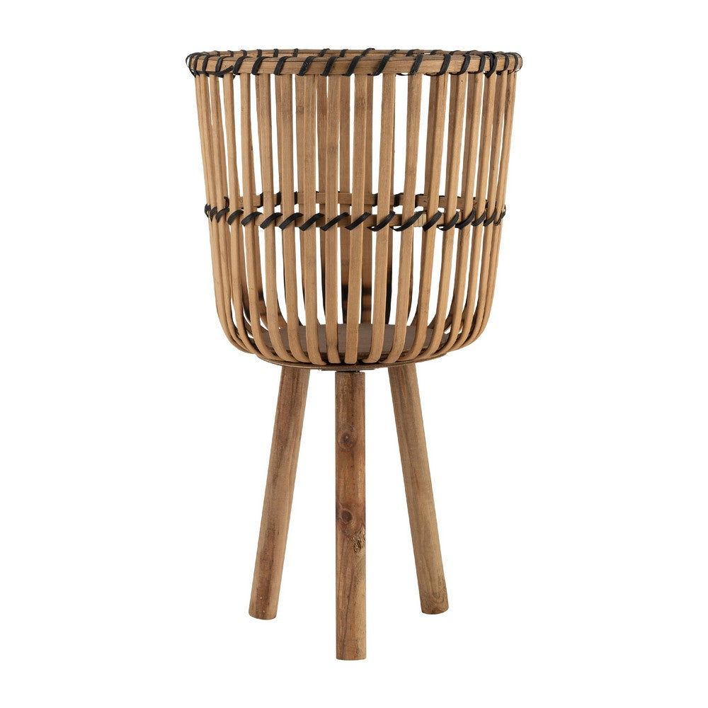 Set of 3 Flower Planters on Tripod Stands, Brown Bamboo Netting Weave - BM349809