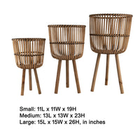 Set of 3 Flower Planters on Tripod Stands, Brown Bamboo Netting Weave - BM349809